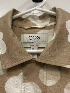 COS Men’s Tan Short-Sleeve Asymmetrical Polka Dot Shirt with White Spots